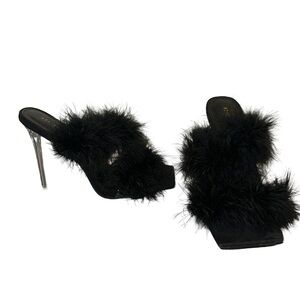 Black Fuzzy Open Pointed Toe Heel